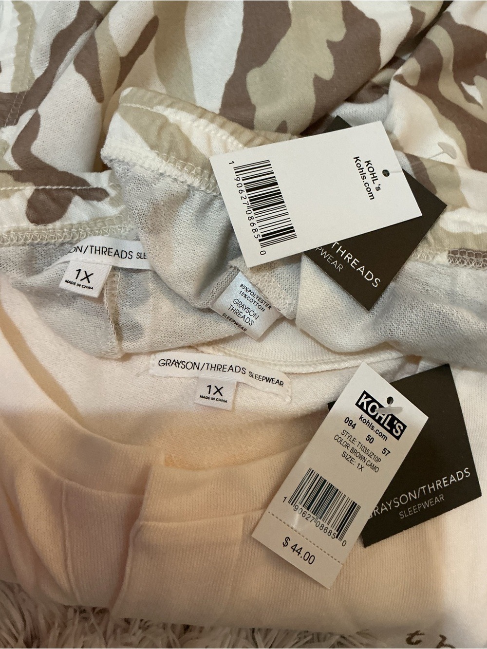 Grayson Threads Camo Print bottoms Lounge Pajama Set 1X Ivory Top 2 Piece - Picture 13 of 13